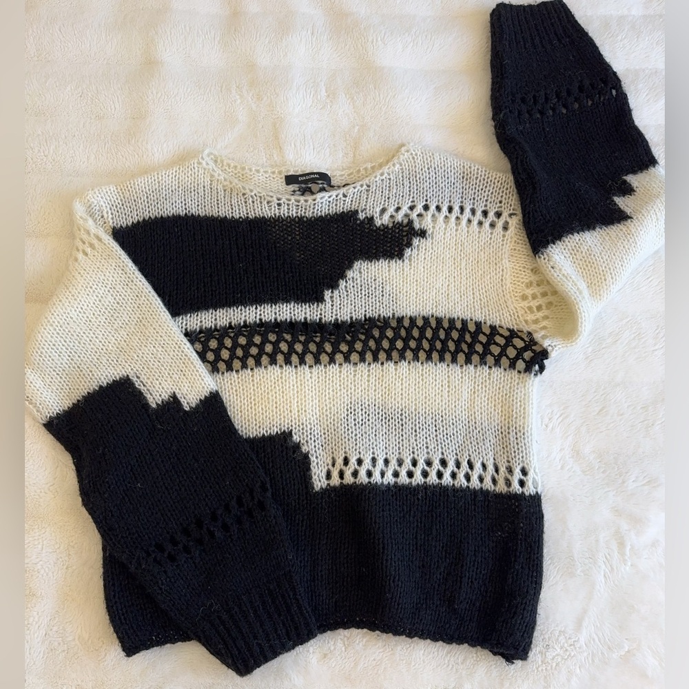 Korean Designer DIAGONAL Knit Sweater Black & White Distressed Mesh S/M
